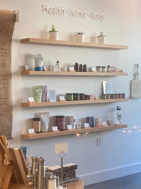 Spa Room Shelf, Floating Retail Shelves, Spa Shelving, Medspa Shelves, Spa Product Display, Medical Spa Product Display, Spa Retail Display Ideas, Floating Shelves Salon Retail, Beauty Salon Shelves Product Display