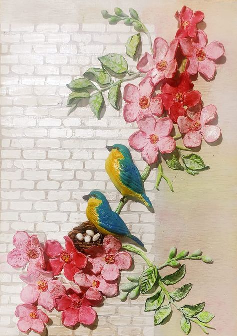 Canvas Clay Art Ideas, Air Dry Clay Wall Art, Air Dry Clay Art, Dry Clay Art, 3d Wall Art Sculpture, 3d Canvas Art, Birds Paintings, Clay Painting, Sculpture Art Projects