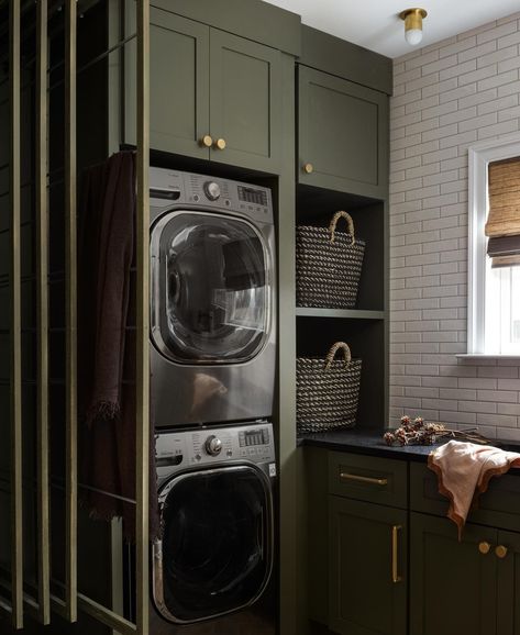 Soapstone Counter Laundry Room, Tudor Laundry Room, Armoire In Laundry Room, Dark Washer And Dryer Laundry Room, Green And Brown Laundry Room, Soapstone Laundry Room, Moody Utility Room, Dark Green Utility Room, Modern Victorian Laundry Room