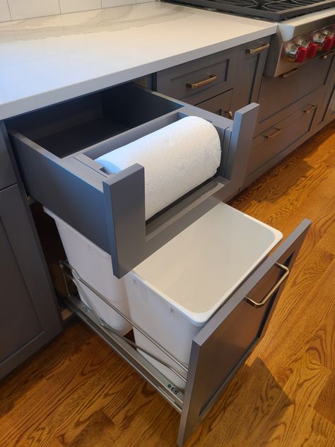 Pull Out Trash With Paper Towel, Tiny Kitchen Cabinet Organization, Must Have Kitchen Cabinets, Paper Towel Drawer Kitchen, Kitchen Towel Drawer, Paper Towel Drawer, Kitchen Cabinets Drawing, Brown Cabinets Kitchen, Living Room Small Space