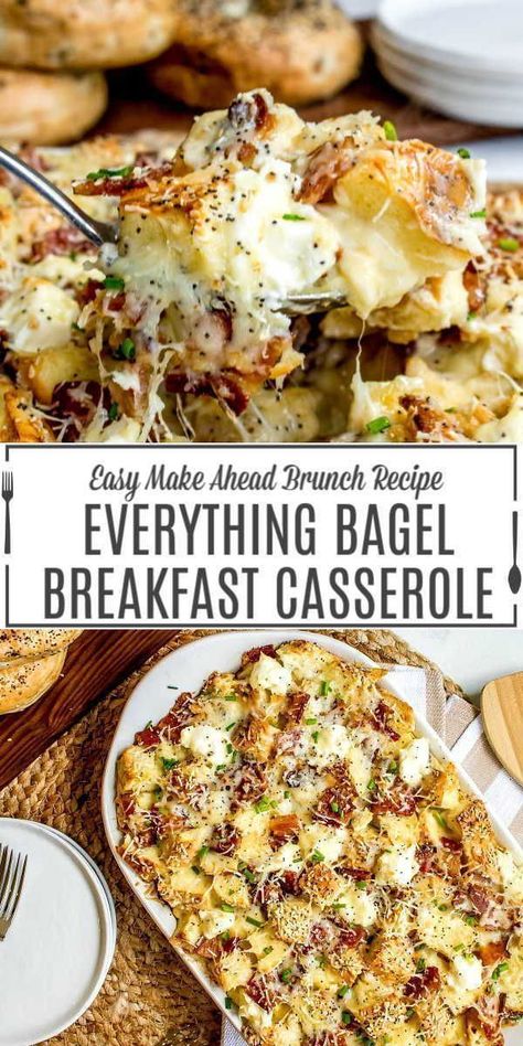 This everything bagel make-ahead breakfast casserole is an easy brunch recipe for weekends or holidays. This brunch recipe uses bagels, cheese, and bacon for a casserole that everyone will love! Make this breakfast casserole for family breakfasts and events! Make Ahead Brunch Recipes, Savoury Breakfast, Make Ahead Brunch, Make Ahead Breakfast Casserole, Overnight Breakfast Casserole, Brunch Casserole, Easy Brunch Recipes, Breakfast Bagel, Easter Brunch Food