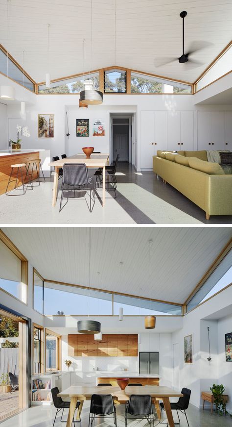 Inside this modern house extension, there's a white timber ceiling that compliments the walls and built-in storage cabinets, and is used to create a sense of lightness to the space. #HouseExtension #Windows #Architecture Modern House Extension Ideas, Rear House Extension, Angled Roof, Windows Architecture, Skillion Roof, Australian House, Timber Ceiling, Mid Century Home, Glass Extension