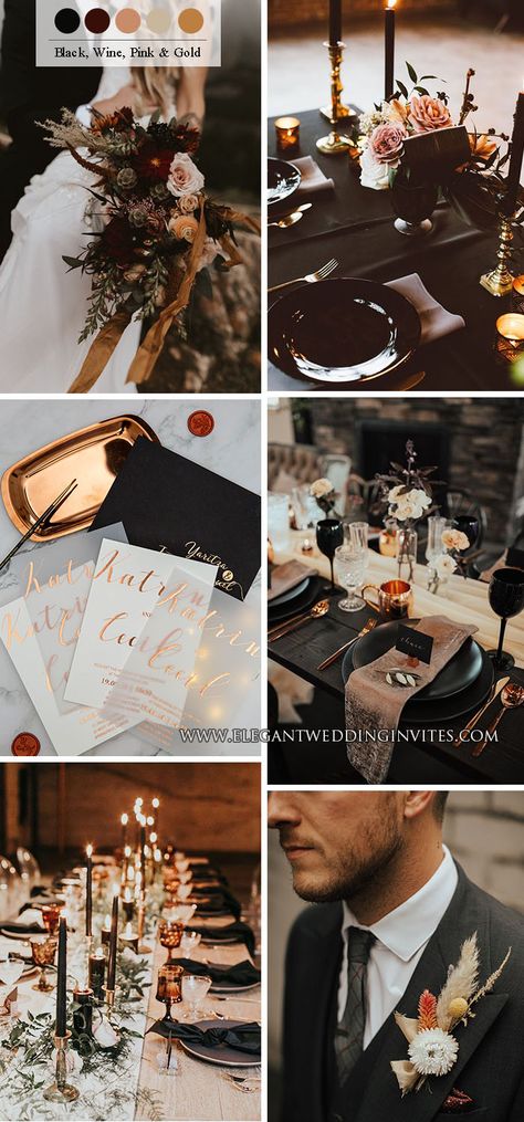 copper, dusty rose and black modern stylish wedding party ideas Black Rust And Gold Wedding, Black And Brown Wedding Decor, Black Copper White Wedding, Cinnamon And Black Wedding, Edgy Elegant Wedding, Black Copper Wedding Color Palettes, Black Copper Cream Wedding, Brown And Black Wedding Colors, Modern Fairytale Wedding Theme