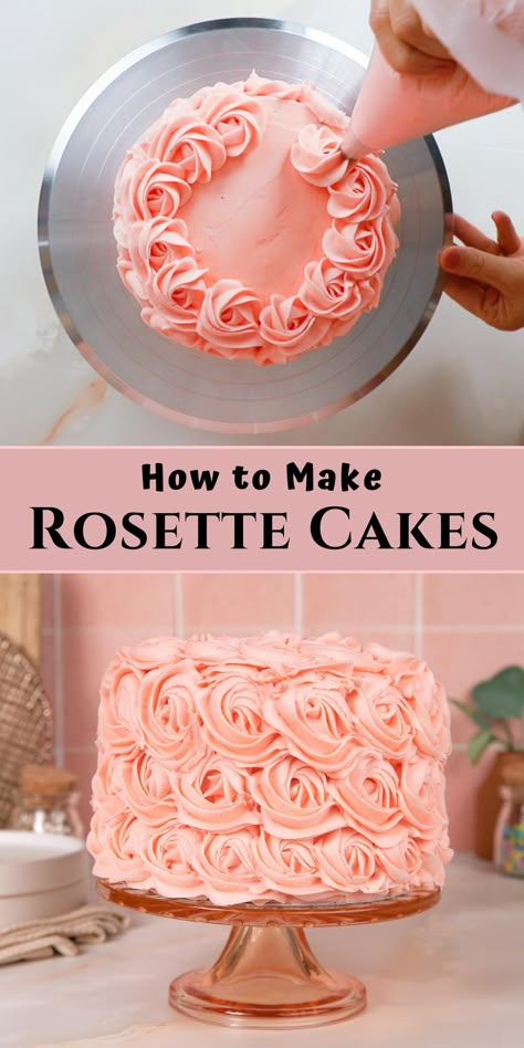 piping rosettes on a cake and a decorated rosette cake. Basic Cake Icing Design, Rose Frosting Tip, Piped Birthday Cake Ideas, How To Make A Round Birthday Cake, Cake Decorating Rosettes, Simple Easy Cake Decorating, Rose Covered Cake, Rose Piping Cake, Birthday Cake Women Simple