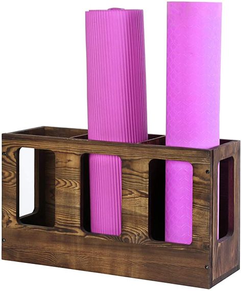 Amazon.com : MyGift 3 Compartment Vintage Dark Brown Wood Gym Sports Fitness Foam Roller/Yoga Mat Holder Wall Mounted or Floor Storage Rack : Sports & Outdoors Pilates Space, Yoga Storage, Home Gym Storage, Home Yoga Room, Gym Organizer, Wood Storage Rack, Sport Rack, Yoga Mat Holder, Yoga Mat Storage