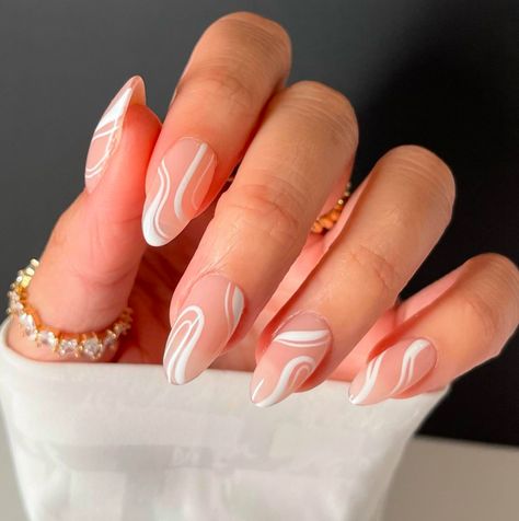 White Swirl Almond Nails, Nails Length, Light Blue Nails, Custom Press On Nails, Classy Nail Designs, White Nail Art, Almond Nails Designs, White Nail Designs, Nail Patterns