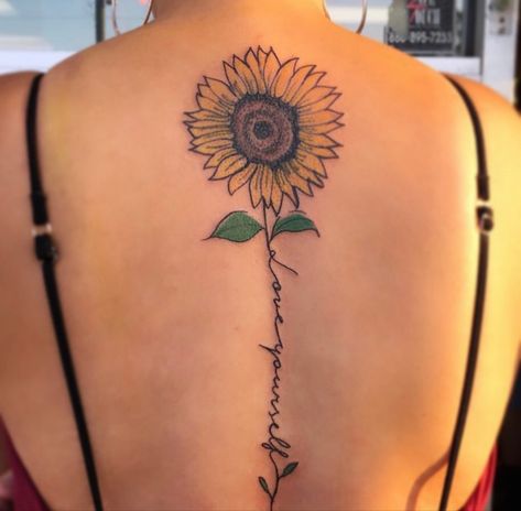 Sun Flower Spine Tattoo, Cute Girly Tattoos, Flower Back Tattoo, Small Side Tattoos, Flower Spine Tattoos, Stomach Tattoos Women, Small Girly Tattoos, Pawprint Tattoo, Flower Tattoo Back