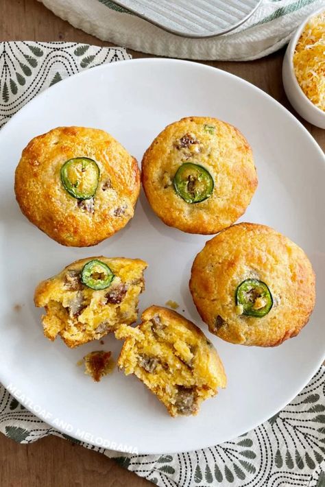 Jalapeño Sausage Cornbread Muffins made with Jiffy mix and cheddar cheese are sweet spicy and delicious. Breakfast Cornbread Muffins, Sausage Cornbread Muffins, Jalapeno Corn Muffins Jiffy, Cornbread Muffins With Sausage And Cheddar, Cheesey Jalepeno Cornbread Jiffy, Corn Bread Muffins With Jalapeño, Jalapeño Sausage, Sausage Cheese Muffins, Cheddar Jalepeno Cornbread Muffins Jiffy