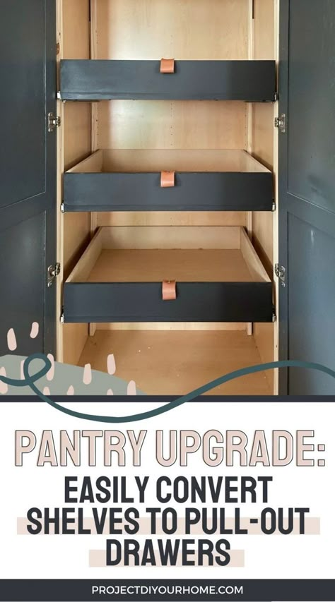 Pull Down Storage Shelves, Pantry Upgrade, Diy Pantry Cabinet, Pull Out Pantry Shelves, Diy Pull Out Shelves, Pull Out Pantry, Pantry Decor, Pantry Drawers, Pantry Remodel