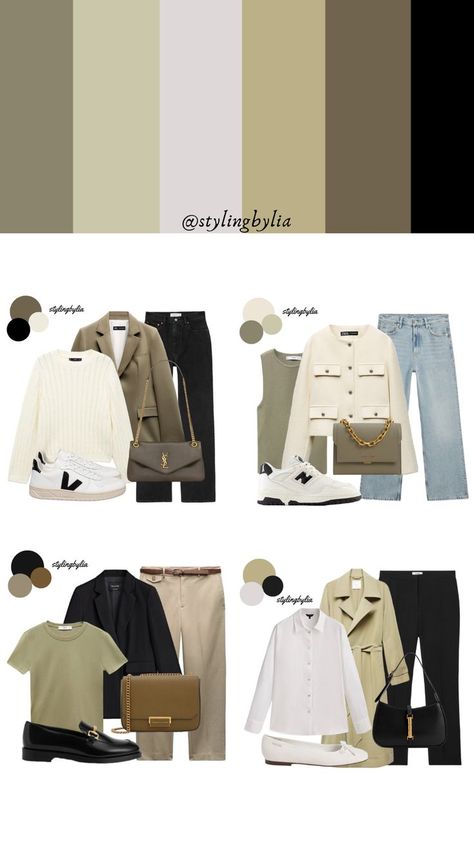 Khaki and black outfit combination Colour Combinations With Black Outfit, Khaki Colour Combinations Outfit, Khaki Pallete Color, Sage Color Outfit Ideas, Khaki Colour Combination, Khaki And Brown Outfit, Green Color Palette Outfit, Khaki Color Combination Outfit, Khaki And Black Outfit