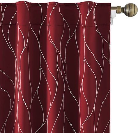 Amazon.com: HOMEIDEAS Burgundy/Red Blackout Curtains 52 X 84 Inch Length 2 Panels Silver Wave Line with Dots Printed Back Tab Room Darkening Curtains, Pocket Thermal Light Blocking Window Curtains for Bedroom : Home & Kitchen Maroon Curtains, Burgundy Curtains, Silver Color Scheme, Blackout Panels, Curtain Styles, Curtains For Bedroom, Nursery Curtains, Grey Curtains, Red Curtains