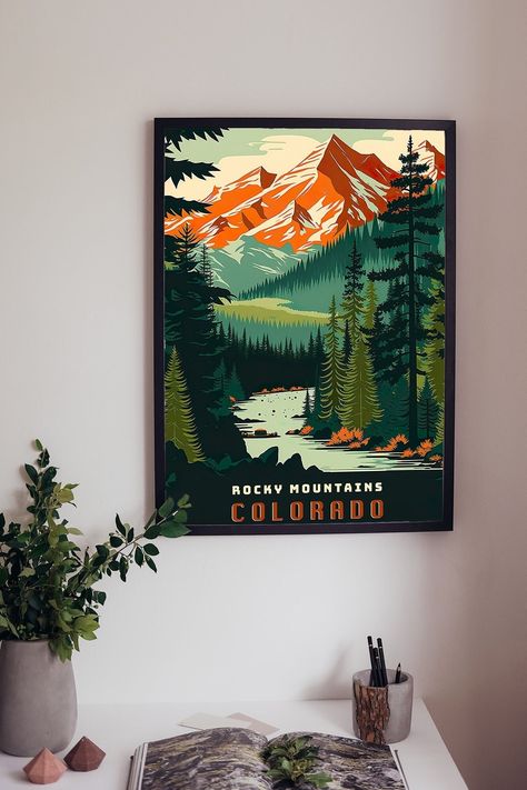 Colorado Travel Poster, Colorado Posters, Rocky Mountains Colorado, Retro Travel Poster, Mountain Wall, Gifts For Campers, Colorado Travel, Style Travel, Mountain Wall Art