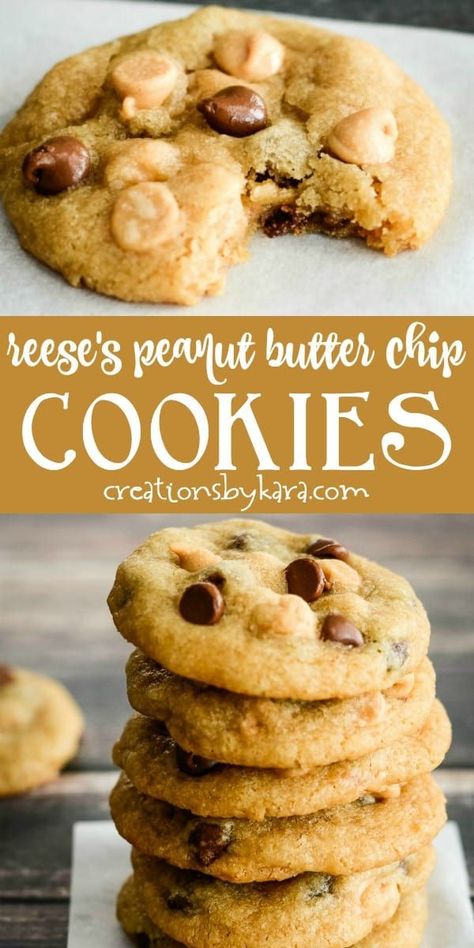 Amazing Reese's Peanut Butter Chip Cookies - chewy, buttery cookies loaded with chocolate chips and peanut butter chips. Heaven in every bite! #reesespeanutbutterchips #peanutbutterchipcookies #peanutbutterchips #cookierecipe #creationsbykara Peanut Butter Chip Recipes, Chocolate Chips And Peanut Butter, Peanut Butter Chip Cookies, Healthy Peanut Butter Cookies, Easy Peanut Butter Cookies, Peanut Butter Chocolate Chip Cookies, Buttery Cookies, Peanut Butter Cookie Recipe, Reeses Peanut Butter