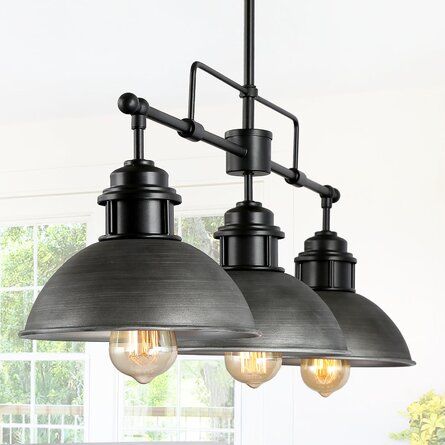 Longshore Tides Mahle 3-Light Gray Modern Farmhouse Industrial Linear Dining Room Chandelier with Brushed Metal Dome Shades | Wayfair Black Modern Farmhouse, Chandelier Farmhouse, Kitchen Island Chandelier, Farmhouse Kitchen Island, Linear Pendant Light, Kitchen Island Linear Pendant, Island Chandelier, Dome Pendant Lighting, Industrial Chandelier