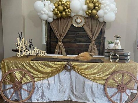 White And Gold Bautizo, Western Bautizo, Main Table Quinceanera, Charro Party Ideas, Charro Quinceanera Theme, Rope Planter, Quince Stuff, Party Decorations Table, Mexican Quinceanera Dresses