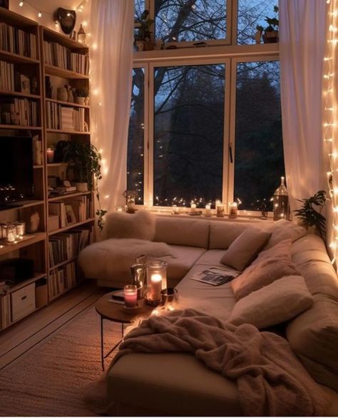 High Ceiling Decorating Apartment, Readers Living Room, Mini Hangout Room, Candle Lit Living Room Aesthetic, Living Rooms With Bookshelves, Asthetic Houses Interior Living Room, Calm Room Ideas Bedrooms, Kimberly Core Aesthetic, Aesthetic Houses Interiors