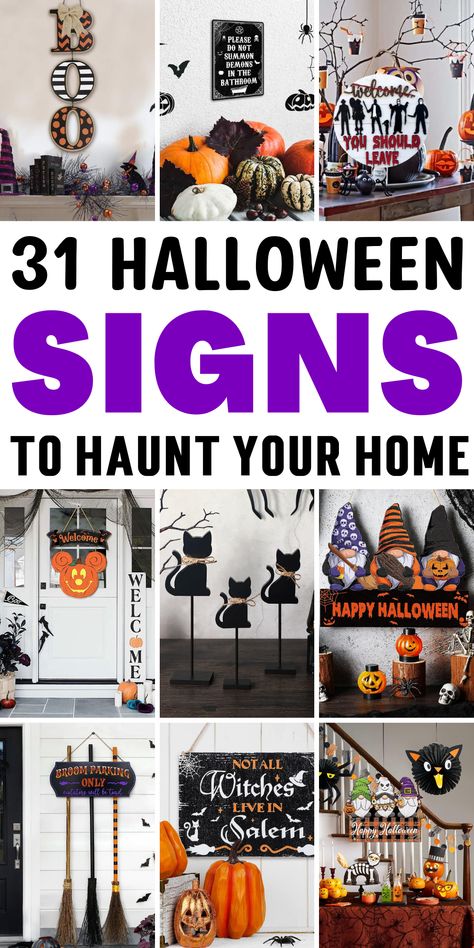 Get into the Halloween spirit with our eerie Halloween signs and sayings! Transform your home into a haunted house with these spooky DIY Halloween decorations. From creepy signs to witchy vibes, our DIY Halloween crafts will make your space a frightful delight. Create a memorable Halloween party with our handmade Halloween sign ideas and wall art. Your guests will love the scary Halloween home decorations that welcome them to your haunted abode. Check out these Halloween wood signs today. The Witch Is In Sign Diy, Scary Halloween Signs Diy, Wooden Halloween Signs Diy, Scary Halloween Signs, Halloween Sign Ideas Diy, Diy Halloween Door Sign, Halloween Food Signs, Halloween Diy Signs, Spooky Halloween Signs