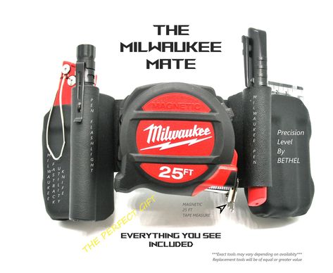 Milwaukee Mate, Gift.                                         All items included.  $325.98  Need a gift for yourself? Or your favorite Carpenter, General Contractor, Installer general builder hobbyist. You name it they work with their hands this kit is a needed asset.      Keep those tools right at your fingertips.      No More Lost time looking where you put them. Attached with a handy speed clip 1.5 inch belt or 1.75 inch belt. Easy on and off the belt or jeans...but it wont fall off and our tools never fall out even if your upside down.     Speed clips also attach well to blue jeans and work pants without a belt. All tools included in the set. Milwaukee 25 ft tape measure with magnet on the end Milwaukee razor knife Pen Flashlight Milwaukee Marker Bethel Level Tool Holster Black High Qu New Milwaukee Tools, Biker Photography, Milwaukee M18, Milwaukee Tools, Work Gear, Lost Time, Tactical Clothing, Kydex, General Contractor