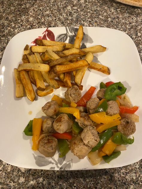 Sweet Italian sausage with yellow red and green peppers and onions served with seasoned french fries Seasoned French Fries, Green Peppers And Onions, Italian Fries, Red And Green Peppers, Sweet Italian Sausage, Sausage And Peppers, Green Peppers, Peppers And Onions, Italian Sausage