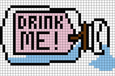 Alice In Wonderland Pixel Art, Alice In Wonderland Perler Beads, Acnh Wonderland, Alice In Wonderland Cross Stitch, Alice In Wonderland Drink Me, Geeky Cross Stitch Patterns, Graph Crochet, Pixel Drawing, Pixel Crochet