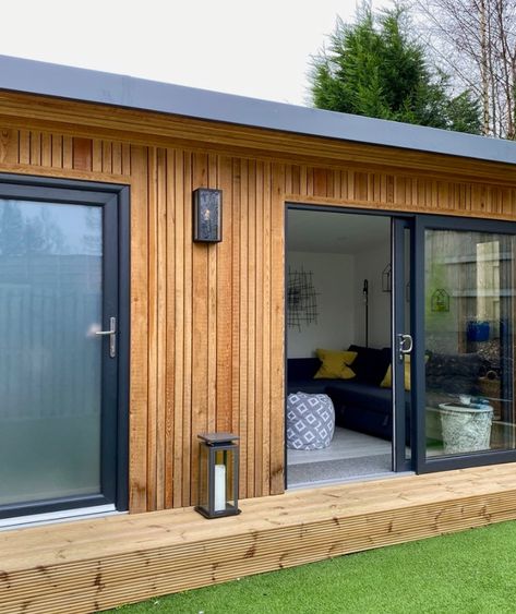 This Garden Room is 5.2m wide x 3m deep and features a separate utility room for a tumble drier (vented to the rear of the building), fridge and general storage. The Garden Room functions as a home office and hang out room / guest room. As our highly insulated Rooms are built to order we can tailor a solution specifically to suit your space, needs and budget. Cladded Garden Room, Large Garden Room Ideas, Outside Utility Room Shed, Garden Room Patio, Garden Room Cladding, Garden Annexe Guest Houses, Inside Garden Room, Garden Studio Ideas, Garden Office Ideas