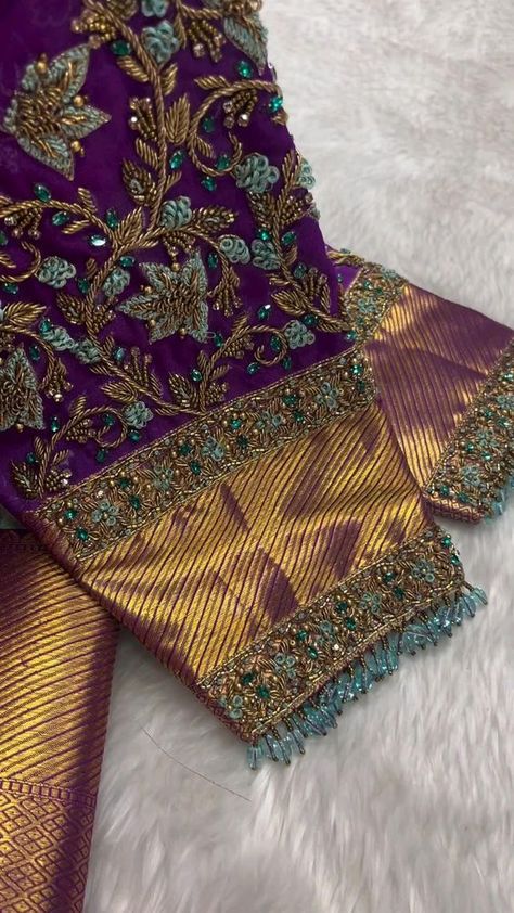 Wedding Saree Blouse Work Designs, Pink And Purple Blouse Designs, Blouse Maggam Works Latest, Maggam Designs For Pattu Blouses, New Blouse Designs Maggam Work, Simple Blouse Designs For Engagement, Bridal Blouse Maggam Designs, Marriage Blouses Indian Weddings, Blouse Designs Latest For Marriage Aari Work