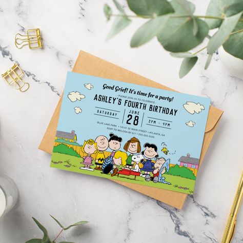 Peanuts | Charlie Brown and Gang Birthday Invitation | #charlesschulz #charliebrown #cartoon #cute #snoopy #kidsbirthday #charliebrowncharacters #peanutscharacters #snoopybirthday #peanutsbirthday Peanuts Gang Birthday Party, Charlie Brown Birthday Party, Peanuts Birthday Party, Charlie Brown Characters, Peanuts Party, Peanuts Birthday, Snoopy Party, Puppy Dog Pals, Snoopy Birthday