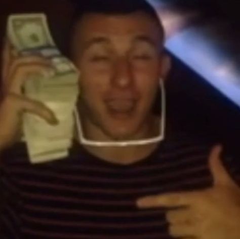 Me and Stack of Money | He held a stack of money up to his ear like a phone after getting ... Johnny Football, Money Meme, Hip Hop Wallpaper, Johnny Manziel, Current Mood Meme, Money Stacks, Sports Celebrities, Flip Out, A Cell