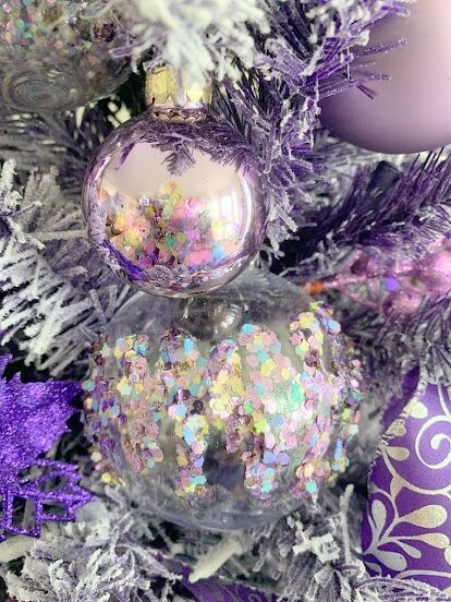 Flocked Slim Christmas Tree, Glue Ornaments, Purple Ornaments, Lavender Christmas, Flocked Tree, Slim Christmas Tree, White Trees, Flocked Trees, Do Something Different