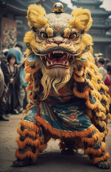 Chinese Lion Art, Lion Dance Art, Chinese Dragon Costume, Chinese Dragon Dance, Chinese Creatures, Japanese Lion, Foo Dog Tattoo, Lion Dragon, Chinese Lion Dance