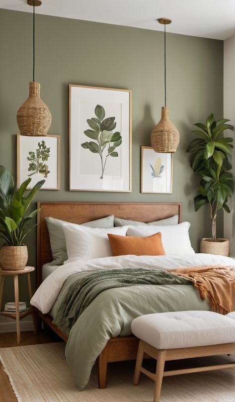 Bedroom Olive Green Bedding, Simple Bedroom Remodel, Clay And Green Bedroom, Earthy Rooms Aesthetic, Green Relaxing Bedroom, Green Toned Bedroom, Green Wall Black Bed, Eucalyptus Bedroom Color Palettes, Natural Tone Bedroom Ideas