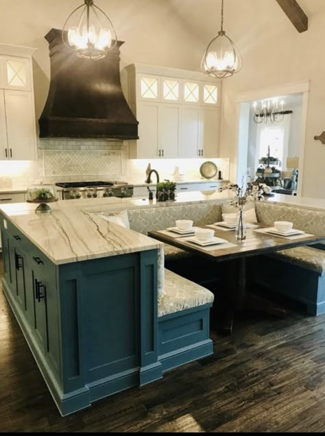 Kitchen With Island Table Combo, Kitchens With Booth Seating, Kitchen Island Couch Seating, Eat In Kitchen Booth Built Ins, Farmhouse Booth Table, Islands With Tables Built In, Kitchen Island With Booth Seating Built Ins, Built In Kitchen Table Island, Kitchen Island With Kitchen Table