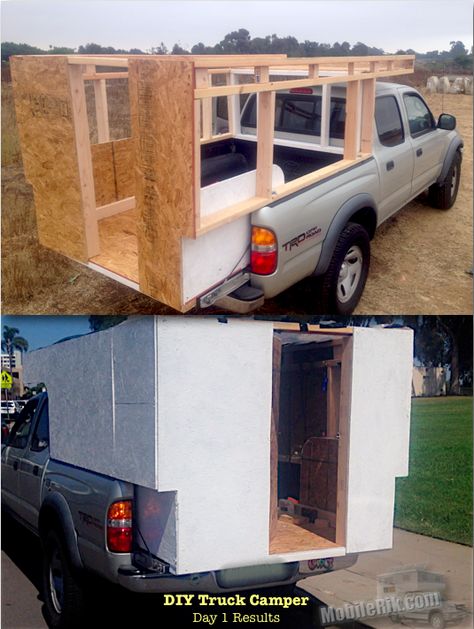 Mobile Rik built a Homemade DIY Truck Camper for his Tacoma Prerunner for under $250 Diy Truck Camper, Vw Caddy Mk1, Tacoma Prerunner, Vw T3 Doka, Truck Camper Shells, Slide In Truck Campers, Homemade Camper, Truck Bed Camping, Pickup Camper