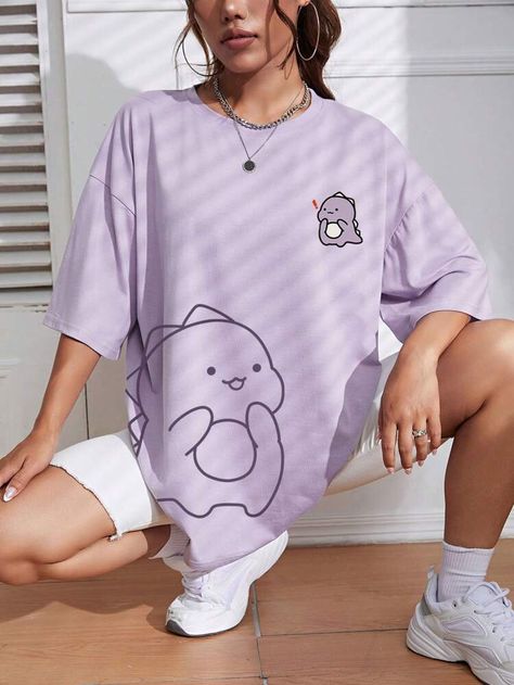 Oversize Tshirt Outfits, Oversized Tee Shirt, Designer Sweatshirts, Drop Shoulder Tee, Big Shirt, T Shirt Oversize, Purple Shirt, Casual Stylish, Lilac Purple