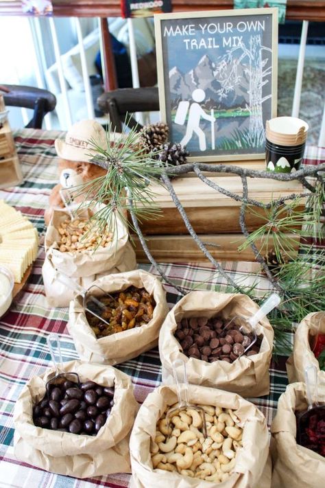 Bush Theme Party, Conservation Themed Party, Mountain Garland Diy, Mountain Themed Food Party Ideas, State Park Themed Party, Outdoor Adventure Birthday Party Ideas, Wilderness Party Food, 30th Camping Birthday, National Park Food Ideas