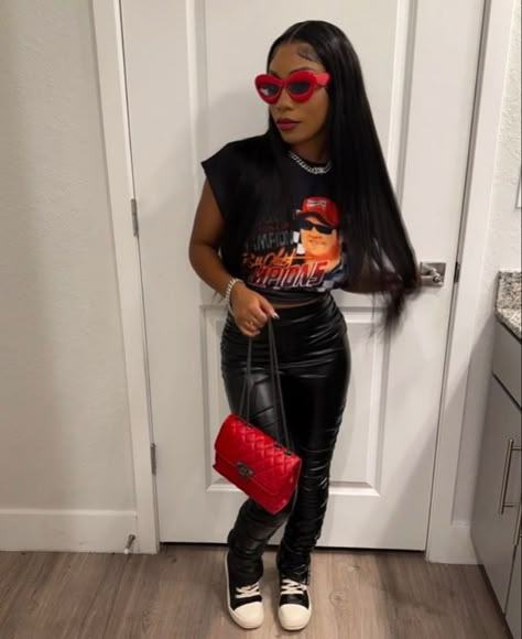 Going Out To Club Outfits, Black Leather Pants Outfit Ideas, Christmas Fits Black Women, Casual Cute Outfits Black Women, Christmas Outfit Ideas Black Women, Fire Fits Women, Red Outfit Ideas Black Women, Fire Outfits Black Women, Black Shein Outfits