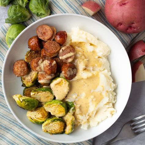 Mealime - Brussels Sprouts, Mashed Potato & Sausage Bowl with Creamy Dijon Sauce Sausage Bowl, Creamy Dijon Sauce, Creamy Dijon, Potato Sausage, Sausage And Mash, Dijon Sauce, Sausage Sauce, Sausage Potatoes, German Recipes