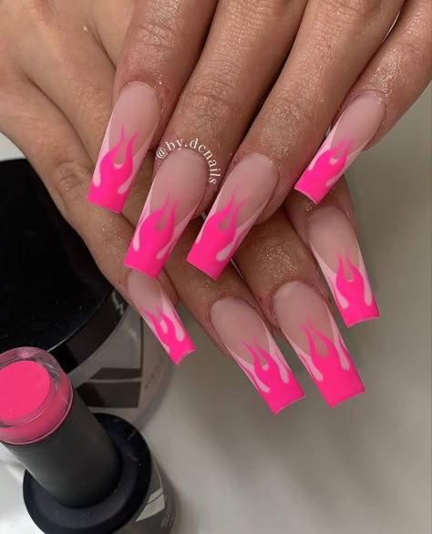 Neon Pink Flame Nails, Pink Fire Nails Designs, Hot Neon Pink Nails, Chrome Flames Nails, Neon Pink Acrylic Nails Designs, Pink Rave Nails, Hot Pink Baddie Nails, Neon Fire Nails, Pink Flames Nails