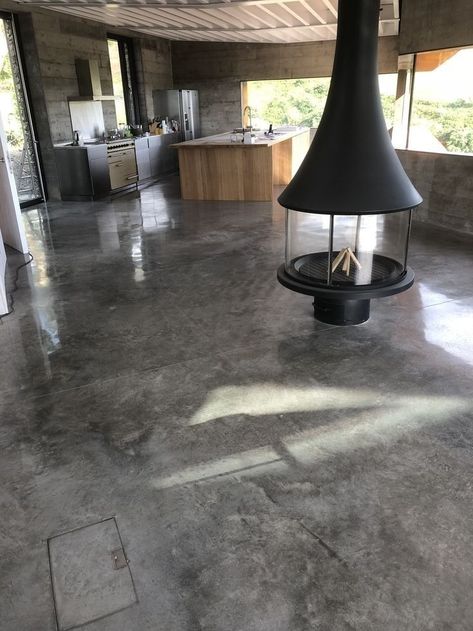 Beautiful Concrete Floors, Black Home Aesthetic, Concrete Floors Bedroom, Homeless Shelter Design, Industrial Style House, Concrete Floors In House, Concrete Stain Patio, Cabin Style Homes, Concrete Patio Designs