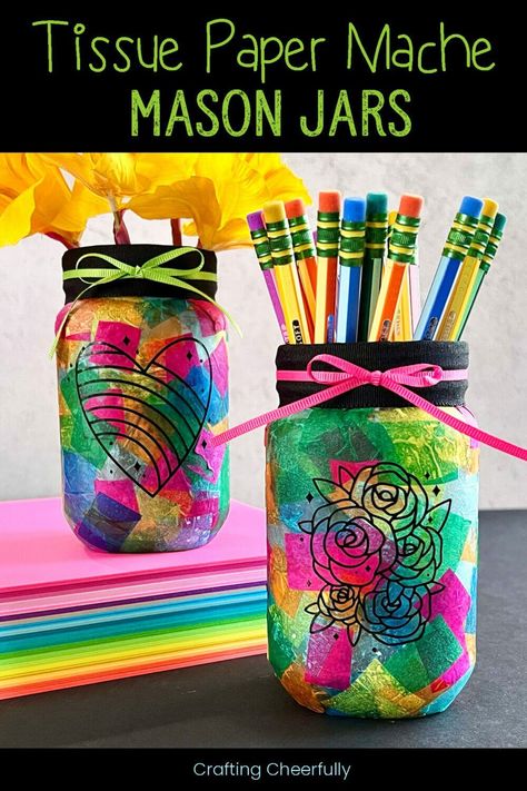 Easy Paper Flowers DIY: Perfect for Parties and Events Paper Mache With Tissue Paper, Tissue Paper On Glass Jars, Paper Mache Vase Design, Tissue Paper Mason Jar, Tissue Paper Mache, Tissue Paper Vase, Mason Jar Crafts For Kids, Decorating Glass Jars, Paper Jar