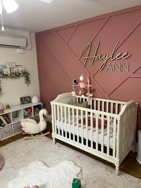 Mauve Nursey Ideas, Baby Girl Nursery Black People, Dark Pink Nursery, Pink Accent Wall Nursery, Accent Wall Kids Room, Barndominium Shop, Baby Shelves, Pink Accent Walls, Girly Nursery