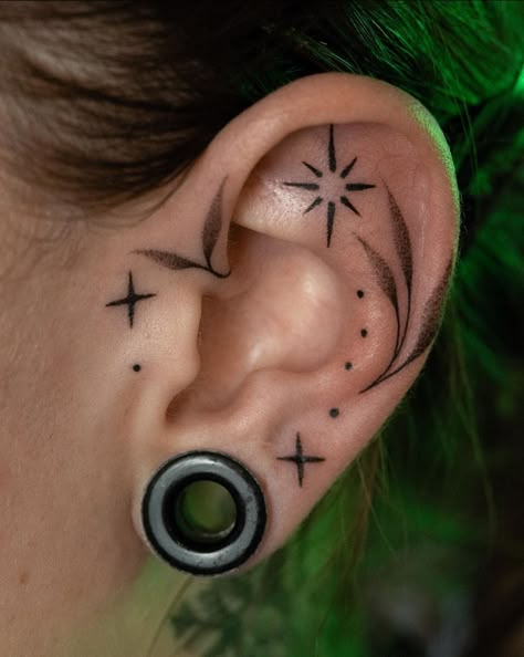 Neck Tattoo Placement Ideas, Gothic Behind Ear Tattoo, Ear Ornamental Tattoo, Ear Tattoo With Piercing, Ear Cuff Tattoo, Small Neck Tattoo, Hairline Tattoos, Rocket Tattoo, Face Tattoos For Women