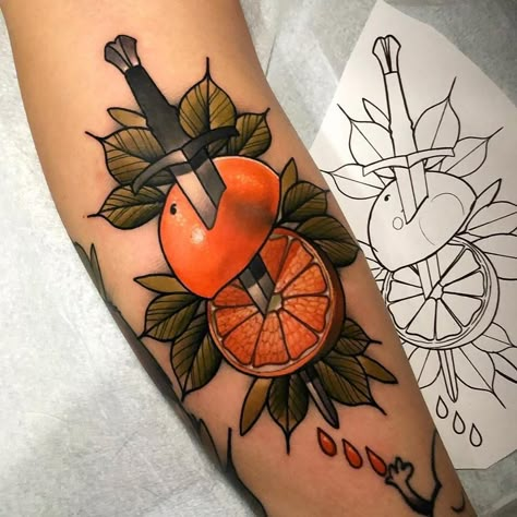 Orange Tattoo, Fruit Tattoo, Food Tattoos, Gorgeous Tattoos, Dagger Tattoo, Tattoo Portfolio, Thigh Tattoo, Tattoo Sketches, Color Tattoo