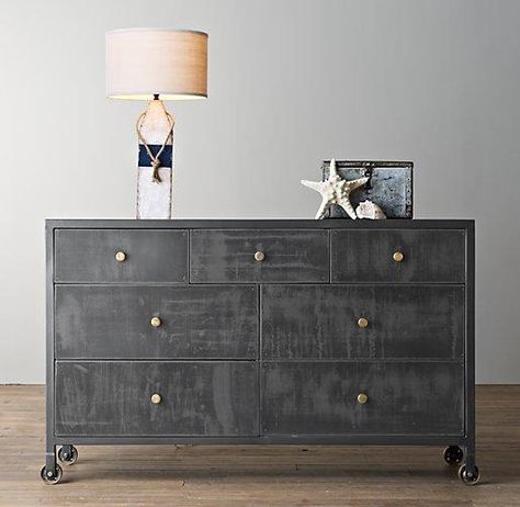 Storage Furniture - Knox Wide Dresser I RH Baby and Child - steel dresser, industrial style kids dresser, steel kids dresser, industrial dresser on wheels, steel dresser with brass pulls, Slipcovered Headboard, Industrial Dresser, Restored Dresser, Equestrian Farm, Luxury Nursery, Restoration Hardware Baby, Wide Dresser, Rh Baby, Kids Dressers