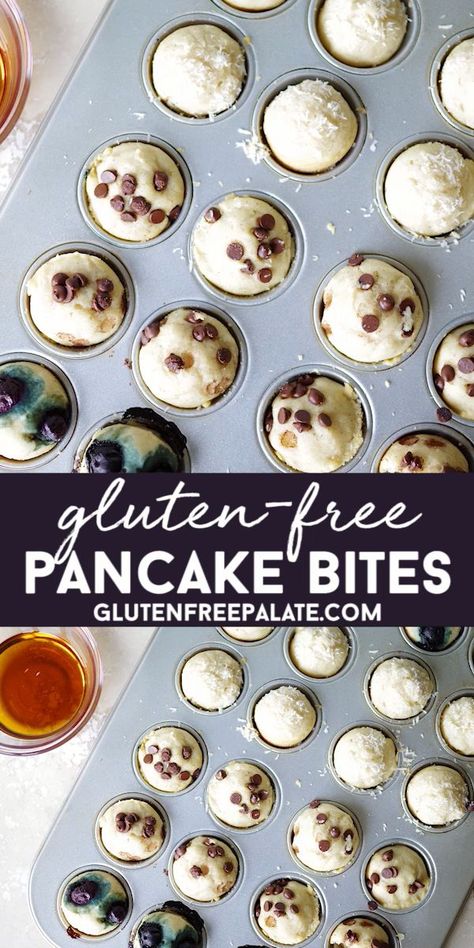 Gluten-Free Pancake Bites are an easy and quick breakfast that everyone in your family will love. Mix, scoop into a mini muffin pan, bake, and dip! You are going to love these gluten free mini pancakes. Gluten Free Pancakes Easy, Mic Dejun Rapid, Gluten Free Pancake, Gluten Free Pancake Mix, Gluten Free Brunch, Pancake Bites, Gf Breakfast, Pain Sans Gluten, Gluten Free Recipes For Breakfast