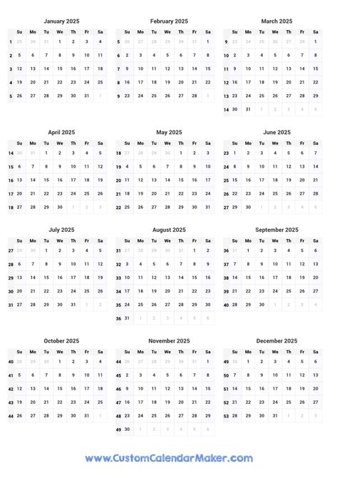 Calendar With Week Numbers, Yearly Calendar Template, Printable Yearly Calendar, Bujo Spreads, 2025 Calendar, Weekly Calendar, Print Calendar, Calendar Printable, Pdf Templates