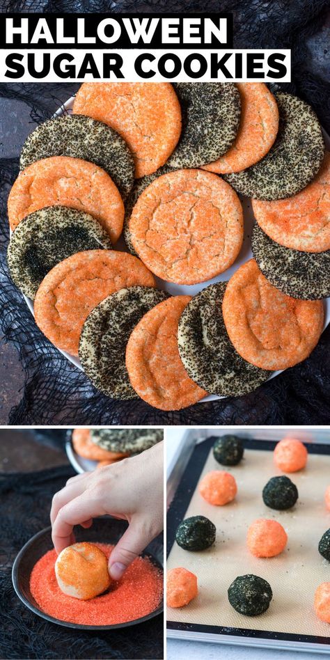 sugar cookies with orange or black sanding sugar displayed on a white platter Halloween Cookie House Ideas, Halloween Shaped Cookies, Orange And Black Desserts, Halloween Themed Cookies Easy, Halloween Cookie Gift Boxes, Halloween Party Desert, Halloween Soups Ideas, Easy Halloween Goodies, Halloween Recipes Desserts