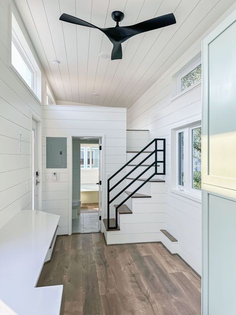 Industrial Tiny House, Small Loft Spaces, Small Loft, Tiny House Builders, Tiny House Talk, Tiny House Inspiration, White Shiplap, Tiny Cabin, Farms Living