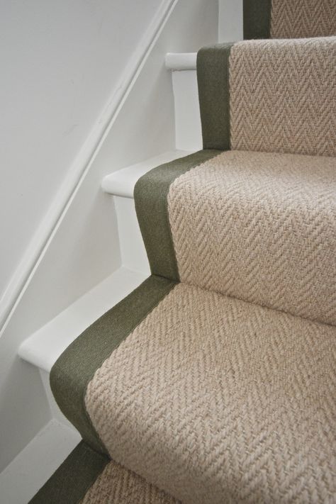 6-015 wool stair runners Bowloom Herringbone Wool carpet with binding tape fitted in London. Wool Carpets Bedroom, Neutral Runner Stairs, Herringbone Carpet Runner, Wool Carpet Stair Runner, Hessian Stair Runner, Wool Carpet Stairs, Landing Carpet Ideas, Staircase Runner Carpet, Stairs With Carpet Runner