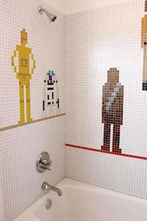 Star Wars Shower tiles??? YES!!! 27 Clever And Unconventional Bathroom Decorating Ideas Decoracion Star Wars, Star Wars Bathroom, Shower Mosaic, Deco Disney, Chewbacca, Bathroom Kids, Geek Out, Boba Fett, Star Wars Characters